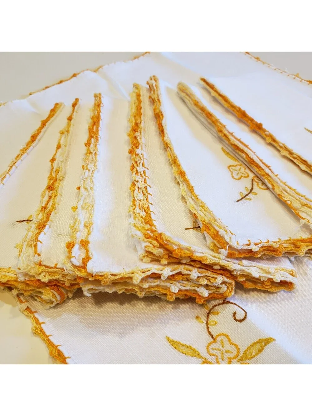 Vintage Linen Napkins Crocheted Embroidered QTY 8 Orange Trim Floral